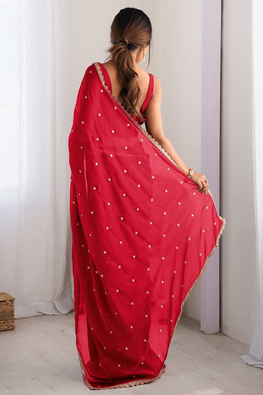 Trisha Red Georgette Embroidered One Minute Saree