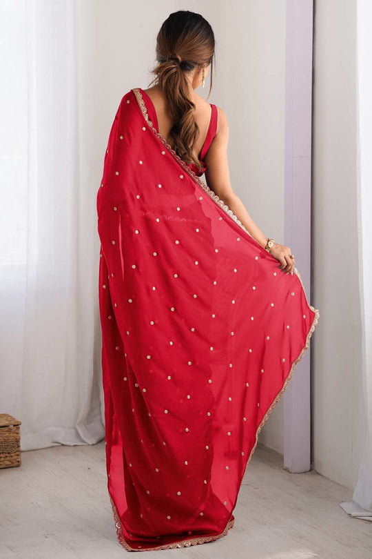 Trisha Red Georgette Embroidered One Minute Saree