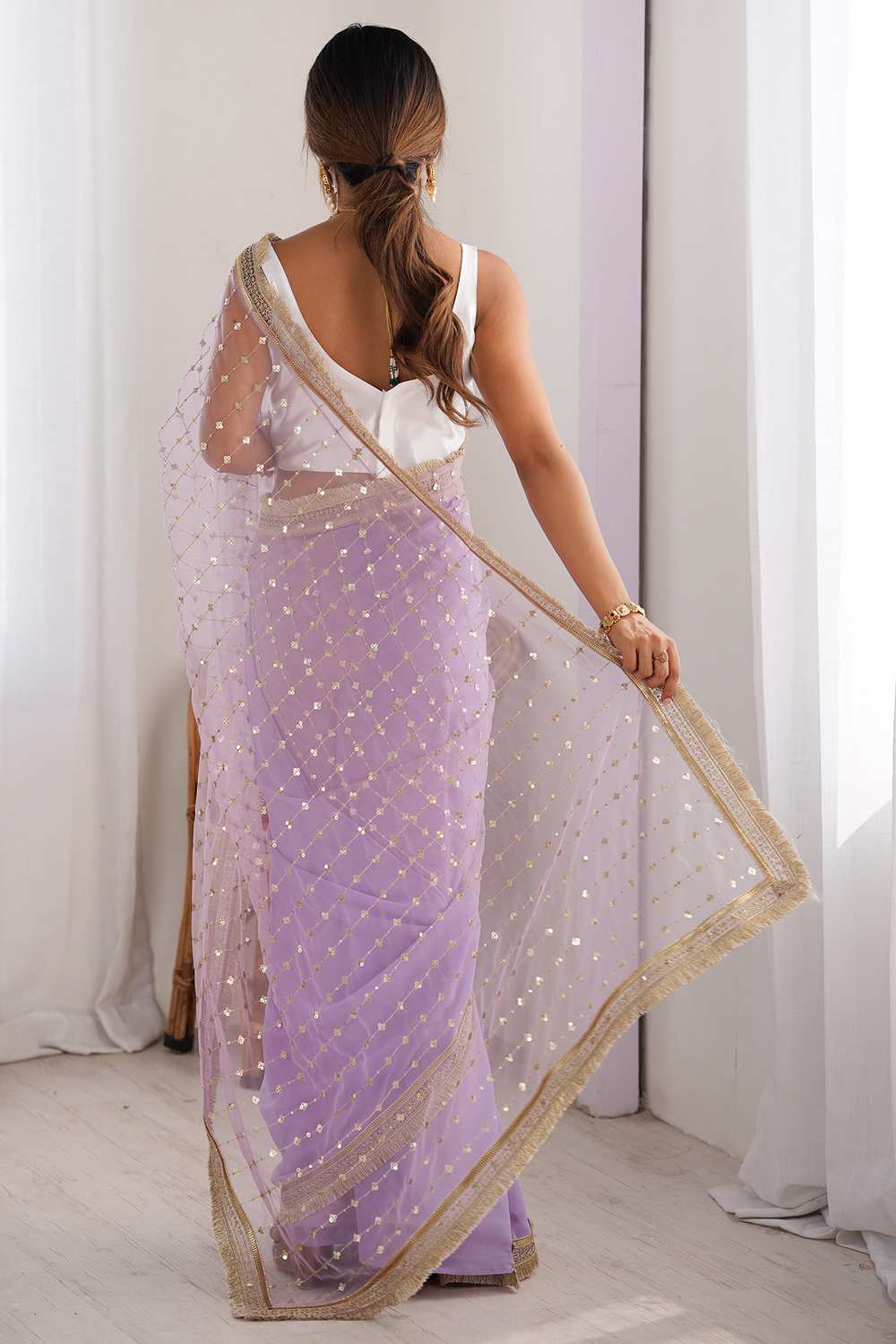 Shari Lavender Net Embellished Ready To Wear One Minute Saree