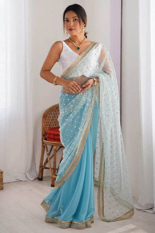 Shari Light Blue Net Embellished Ready To Wear One Minute Saree