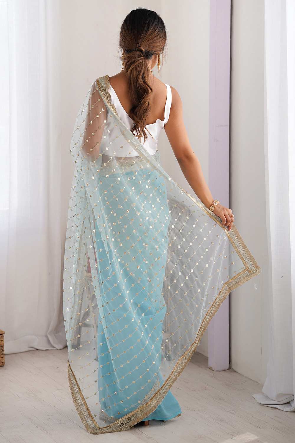 Shari Light Blue Net Embellished Ready To Wear One Minute Saree