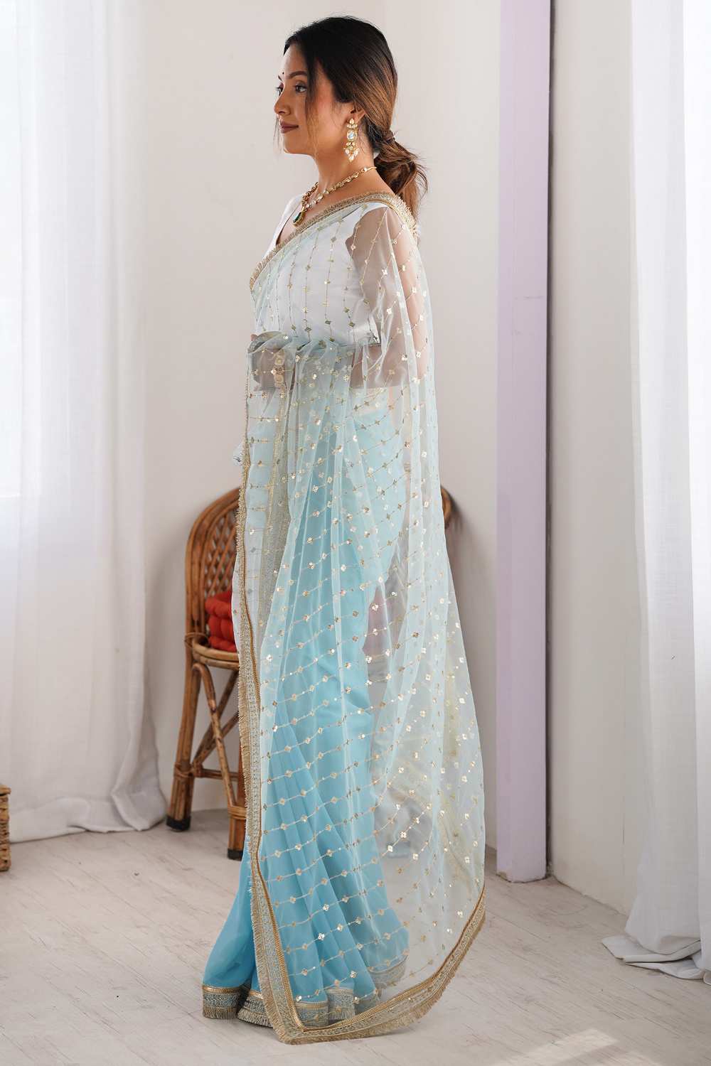Shari Light Blue Net Embellished Ready To Wear One Minute Saree