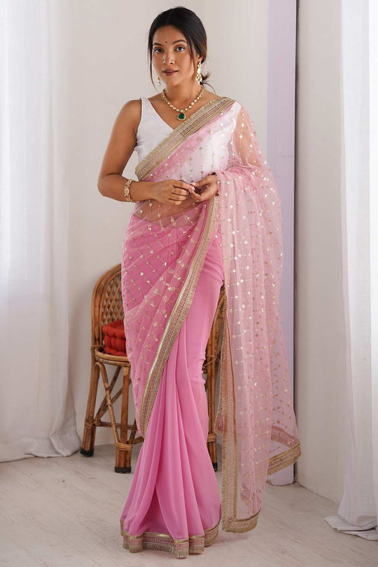 Shari Pink Net Embellished Ready To Wear One Minute Saree
