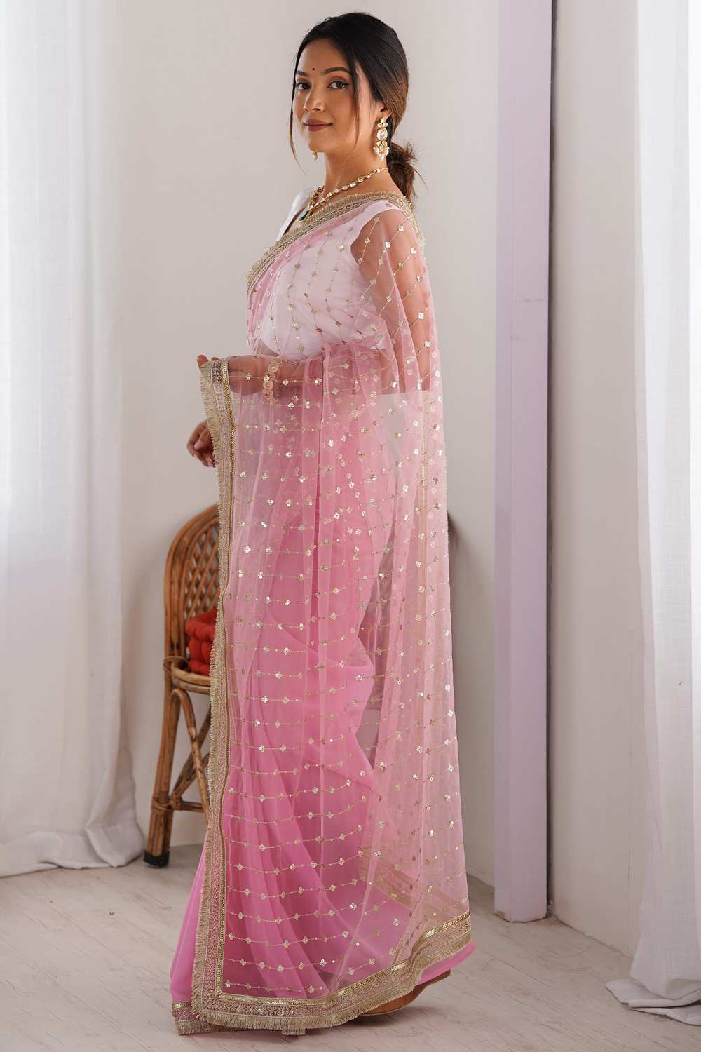 Shari Pink Net Embellished Ready To Wear One Minute Saree