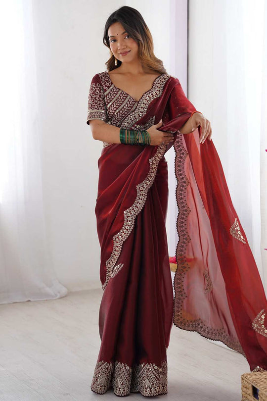 Minal Maroon Organza Embroidered Ready To Wear One Minute Saree