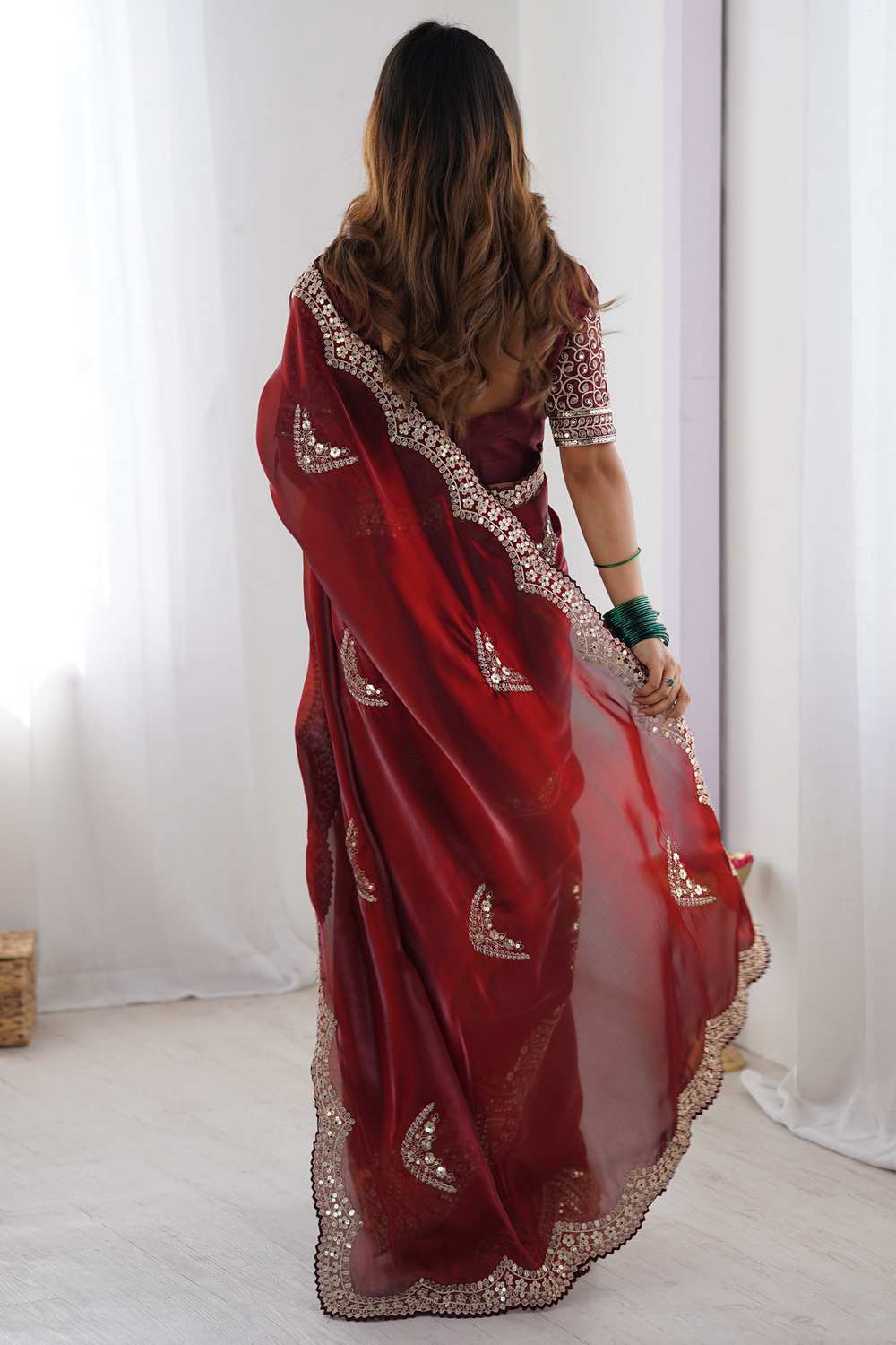 Minal Maroon Organza Embroidered Ready To Wear One Minute Saree