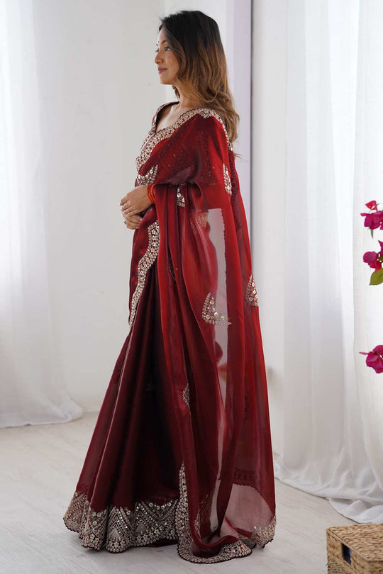 Minal Maroon Organza Embroidered Ready To Wear One Minute Saree