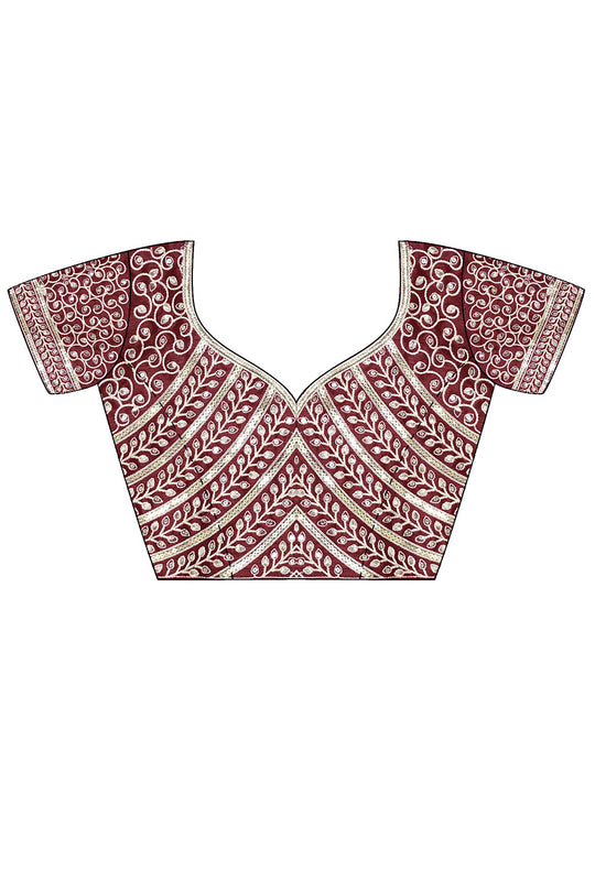 Minal Maroon Organza Embroidered Ready To Wear One Minute Saree