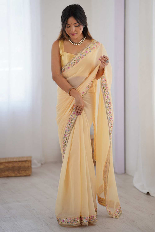 Trisha Yellow Georgette Embellished Ready To Wear One Minute Saree
