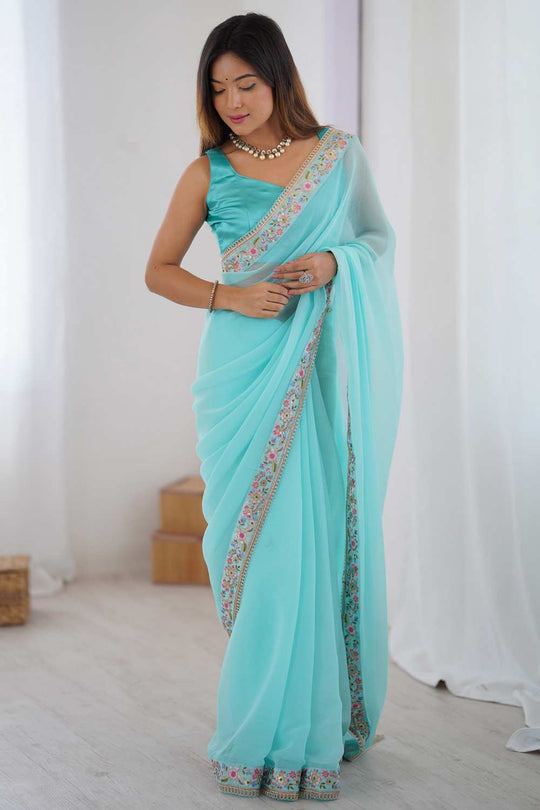 Tina Light Blue Georgette Embellished Ready To Wear One Minute Saree