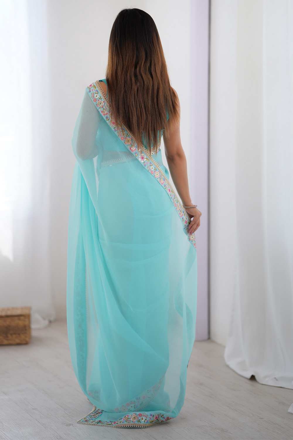 Tina Light Blue Georgette Embellished Ready To Wear One Minute Saree