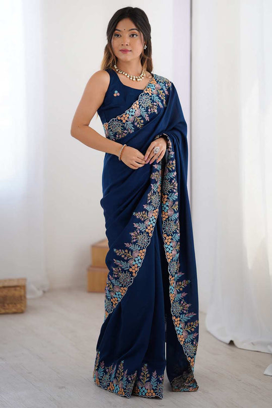 Jules Navy Blue Vichitra Silk Embroidered Ready To Wear One Minute Saree