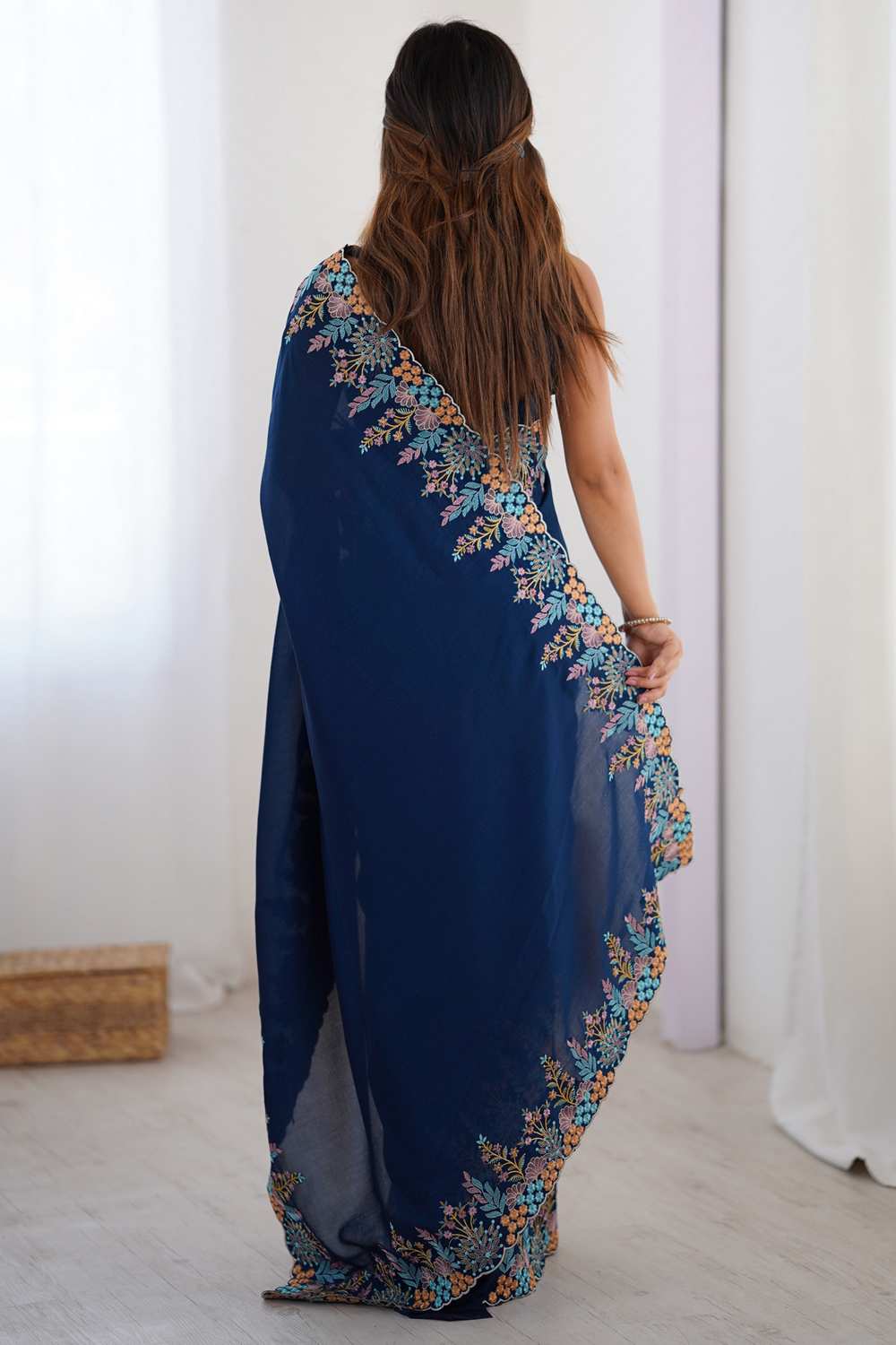 Jules Navy Blue Vichitra Silk Embroidered Ready To Wear One Minute Saree