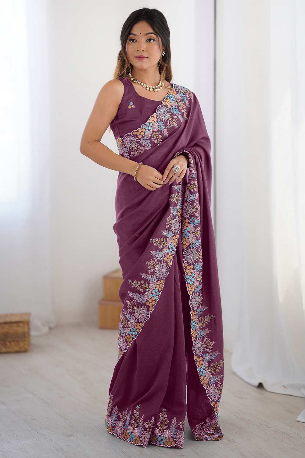 Jules Mauve Vichitra Silk Embroidered Ready To Wear One Minute Saree