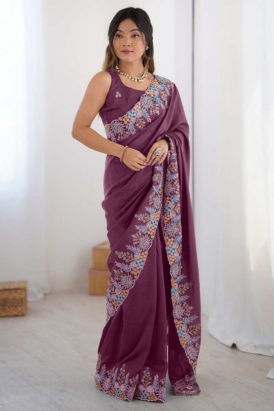 Jules Mauve Vichitra Silk Embroidered Ready To Wear One Minute Saree