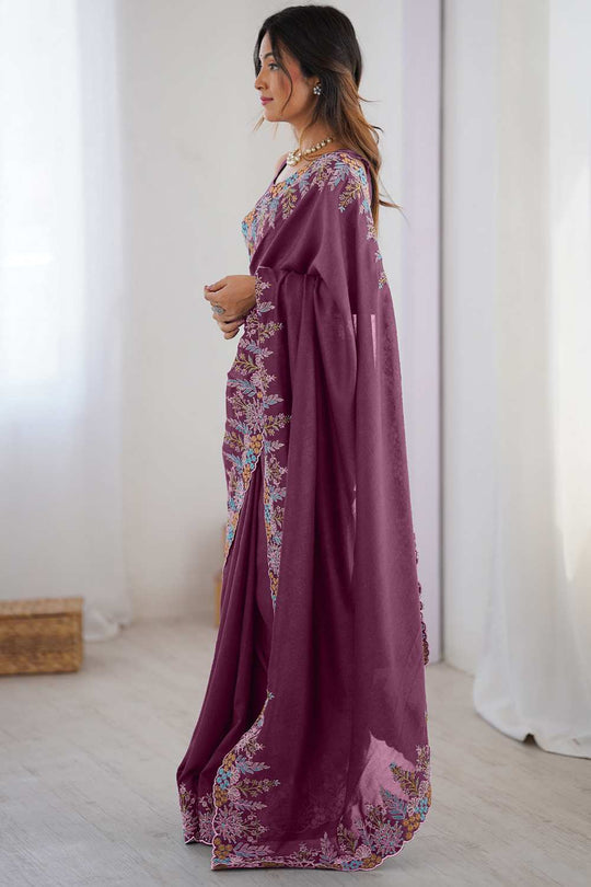 Jules Mauve Vichitra Silk Embroidered Ready To Wear One Minute Saree