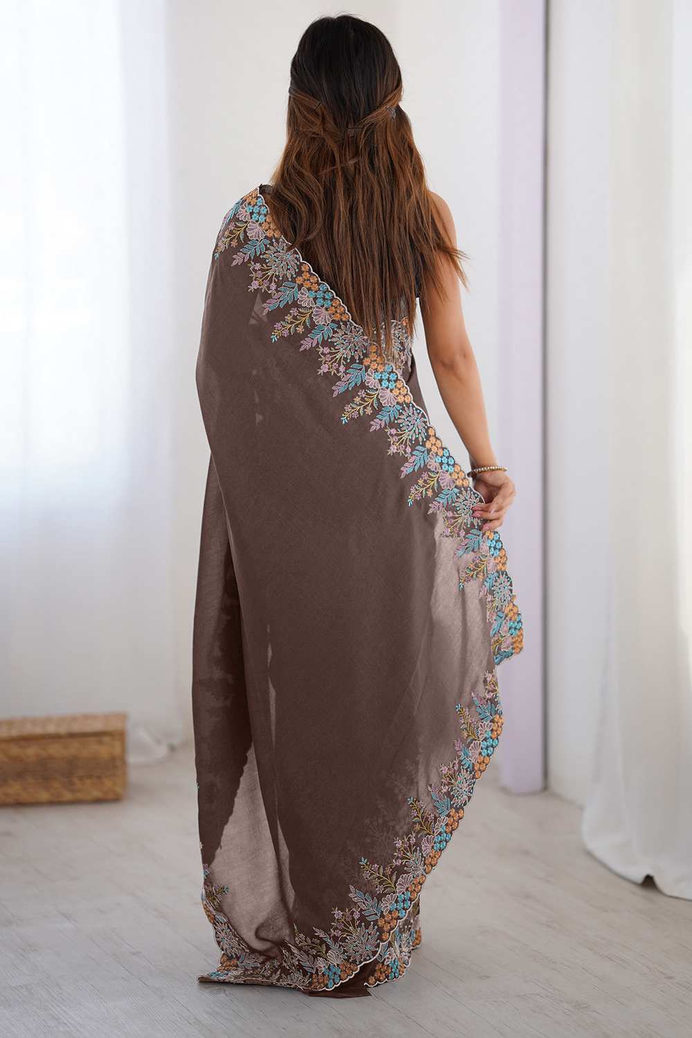 Jules Brown Vichitra Silk Embroidered Ready To Wear One Minute Saree