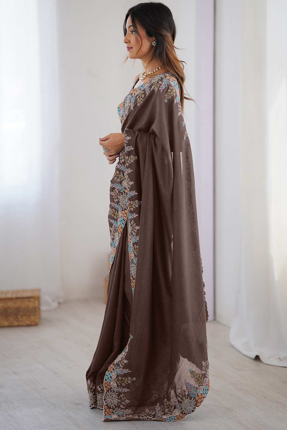 Jules Brown Vichitra Silk Embroidered Ready To Wear One Minute Saree