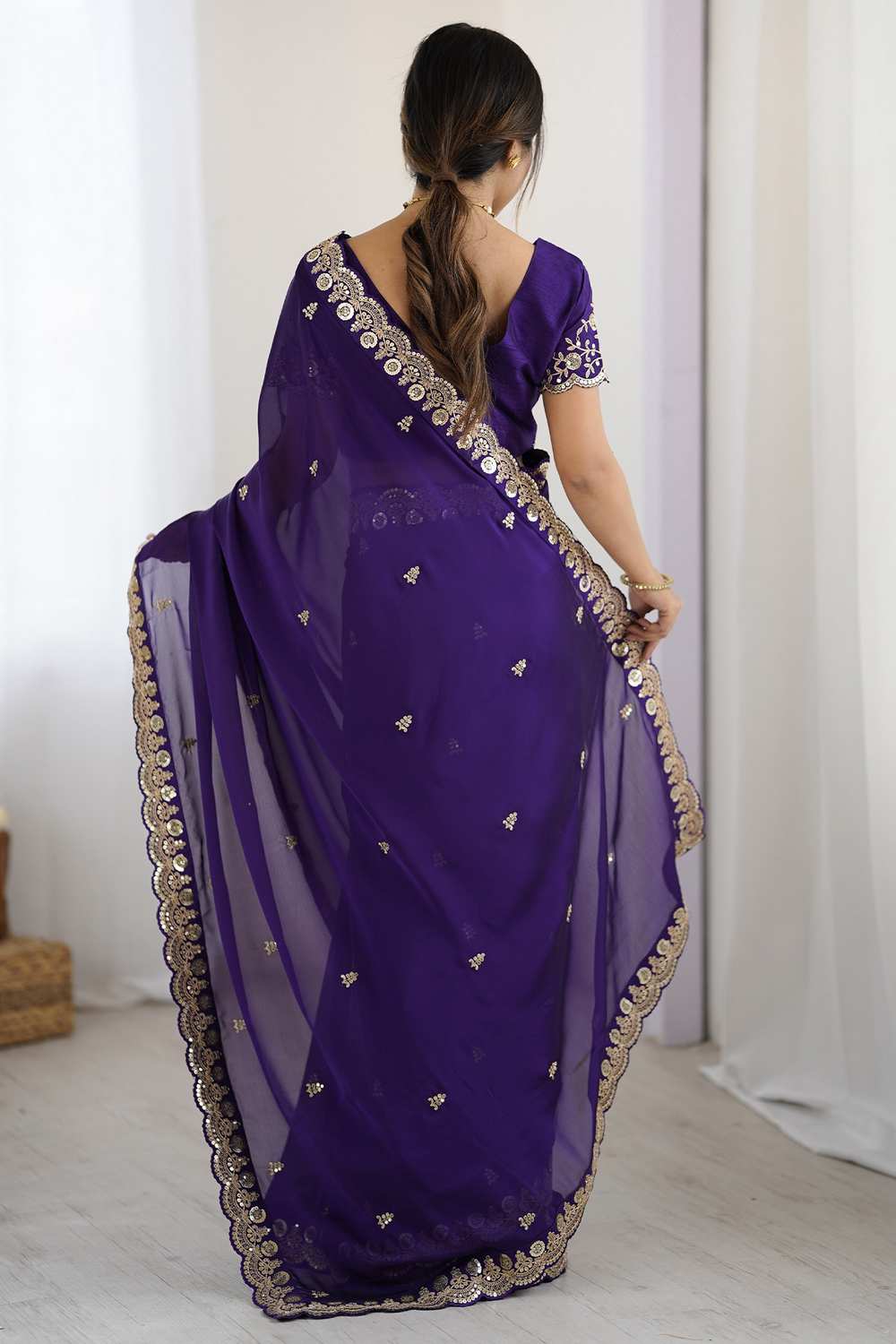 Pia Purple Georgette Cutwork Embroidery One Minute Saree