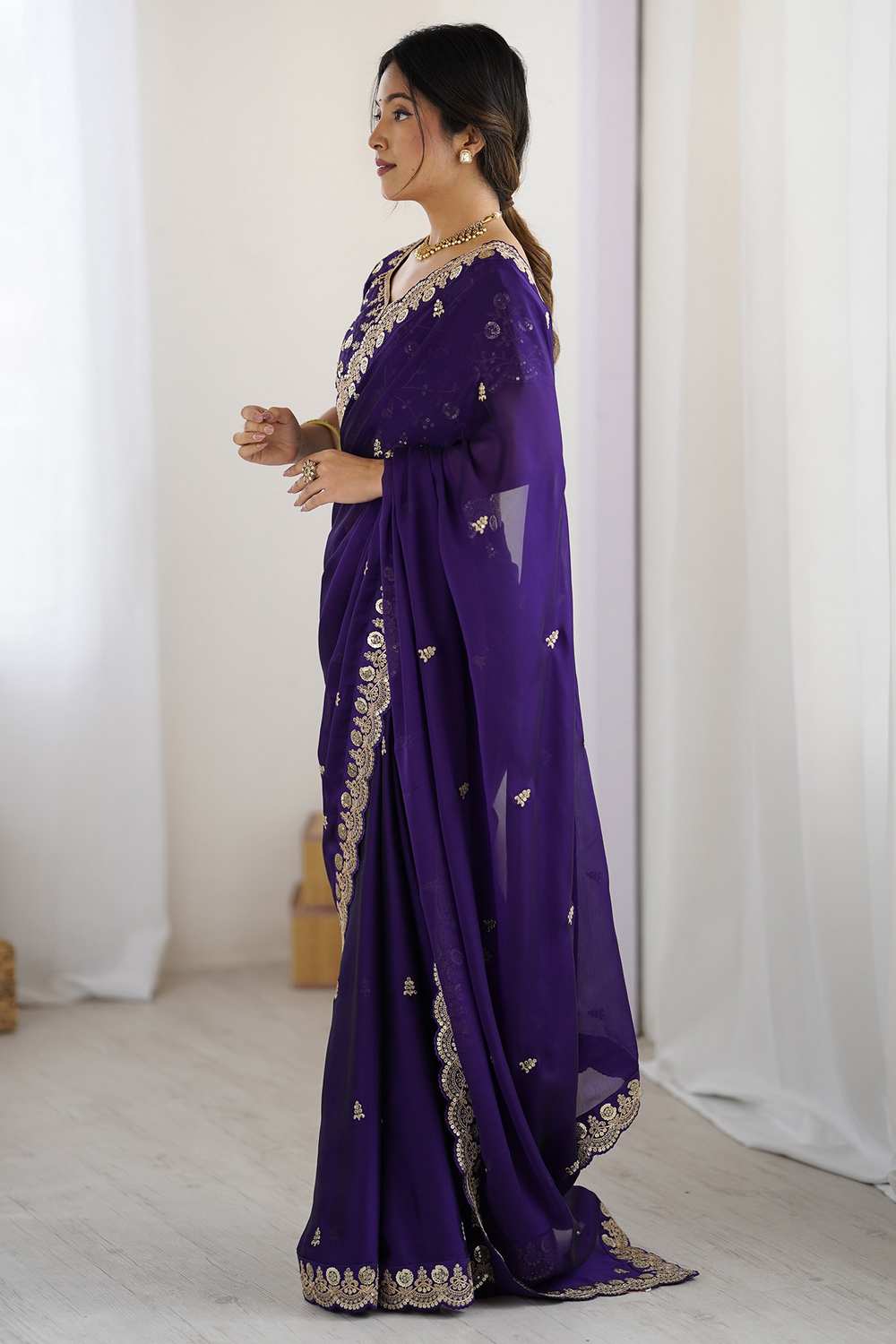 Pia Purple Georgette Cutwork Embroidery One Minute Saree