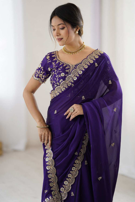 Pia Purple Georgette Cutwork Embroidery One Minute Saree