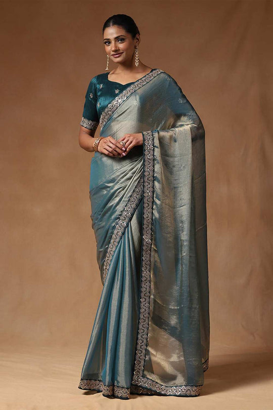 Mena Teal Blue Metallic Shimmer Chiffon One Minute Saree