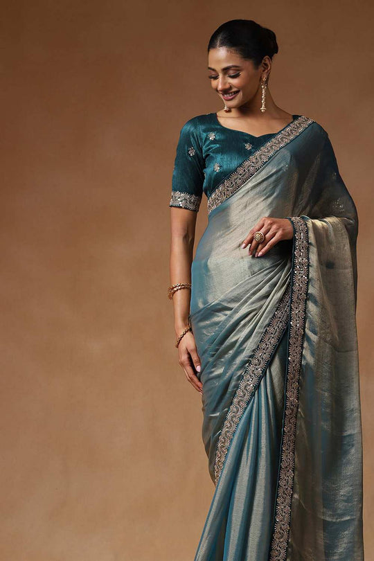Mena Teal Blue Metallic Shimmer Chiffon One Minute Saree