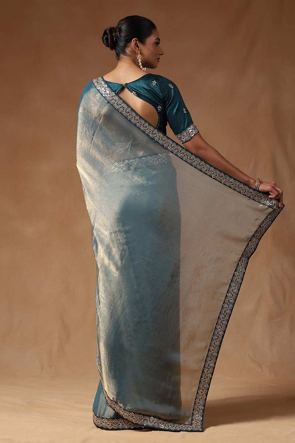 Mena Teal Blue Metallic Shimmer Chiffon One Minute Saree