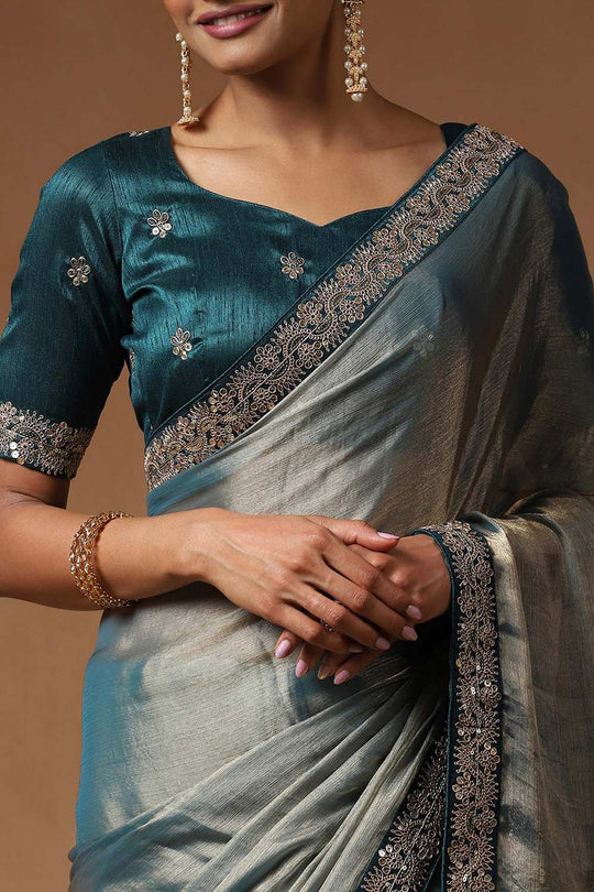 Mena Teal Blue Metallic Shimmer Chiffon One Minute Saree