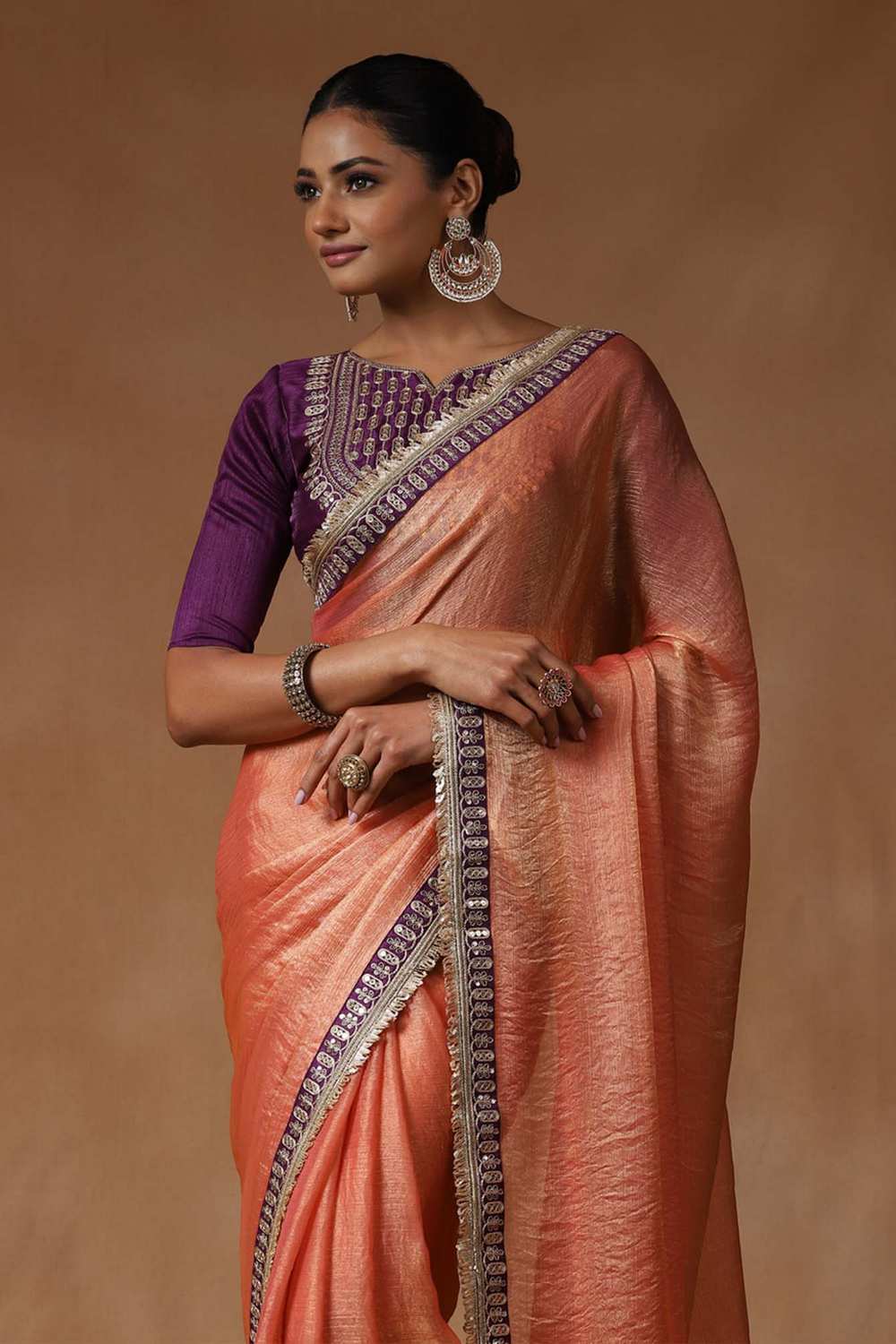 Mena Peach Metallic Shimmer Chiffon One Minute Saree