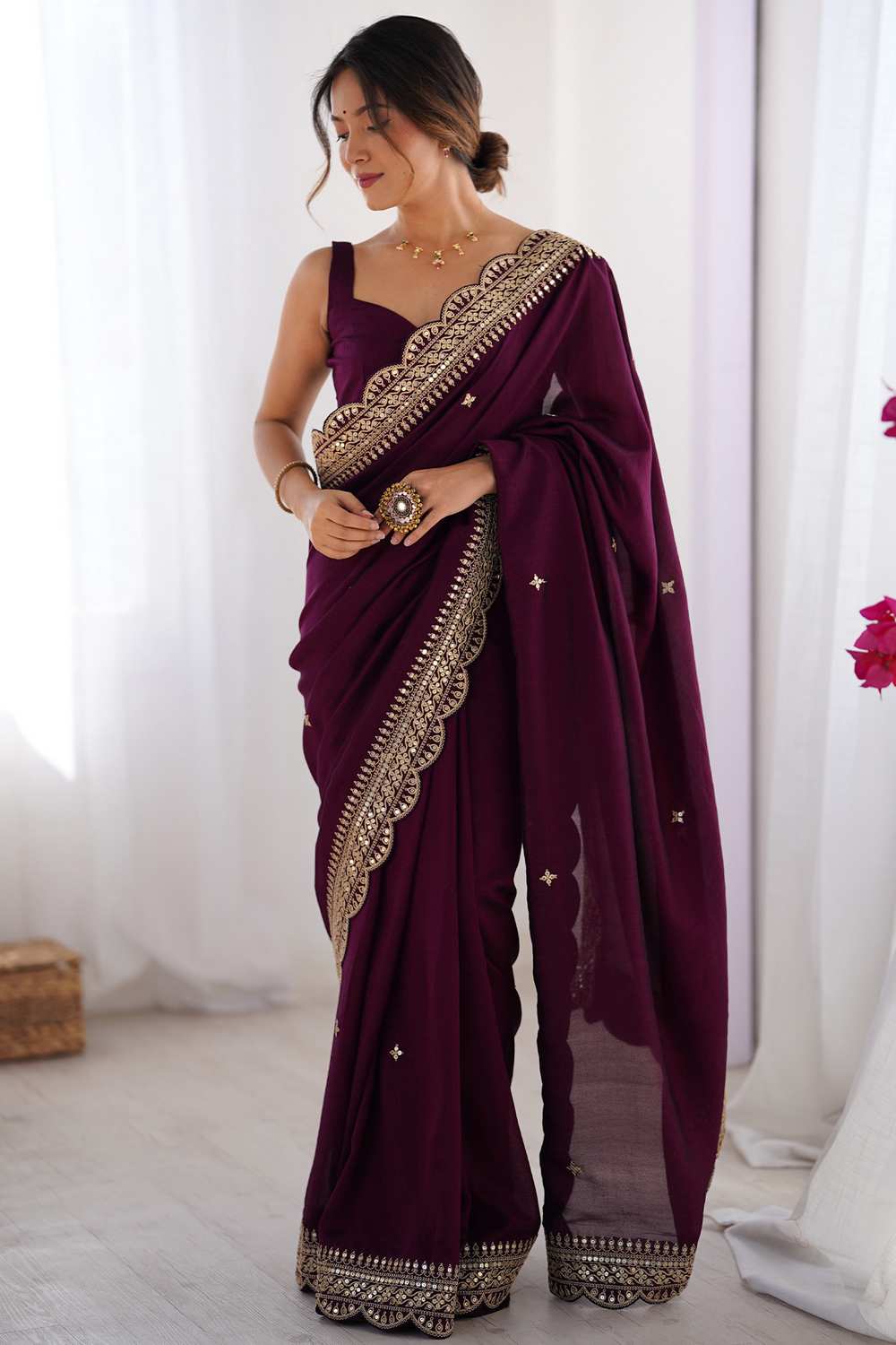 Prerna Purple Vichitra Silk Embellished Ready To Wear One Minute Saree