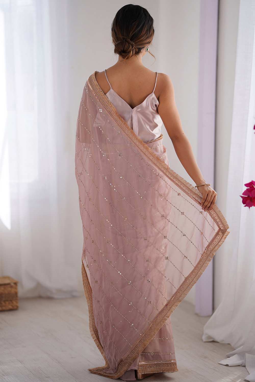 Sheena Beige Organza Embellished Ready To Wear One Minute Saree