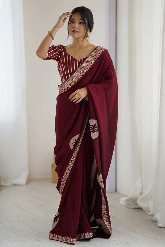 Jaya Maroon Vichitra Silk Embroidered Ready To Wear One Minute Saree