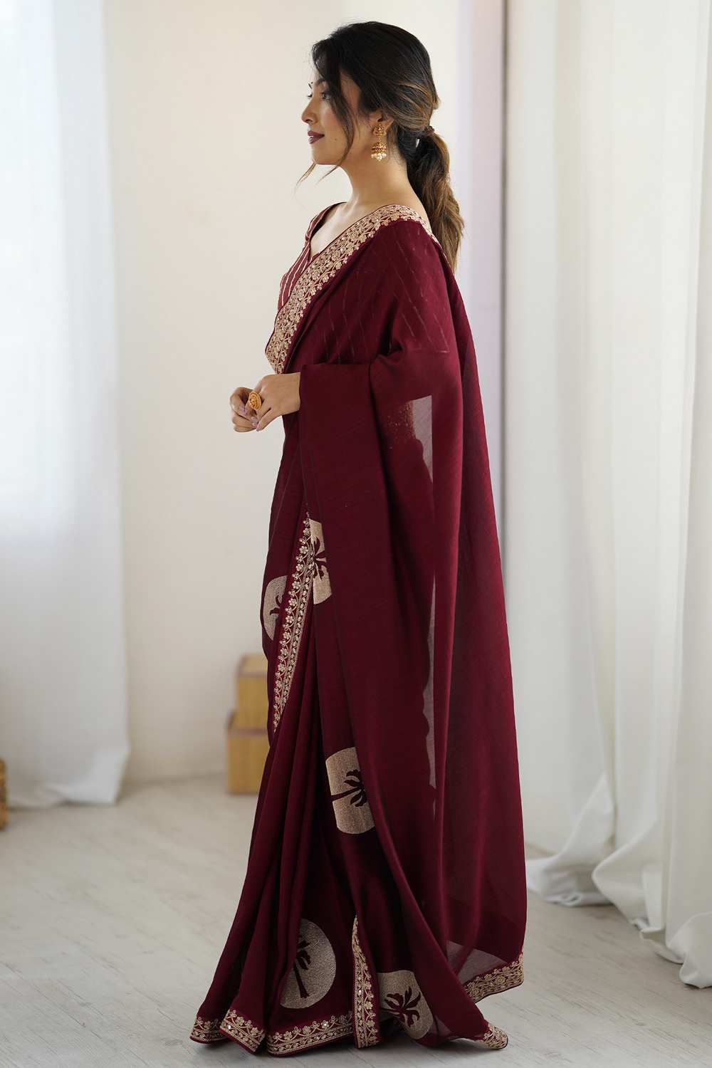 Jaya Maroon Vichitra Silk Embroidered Ready To Wear One Minute Saree