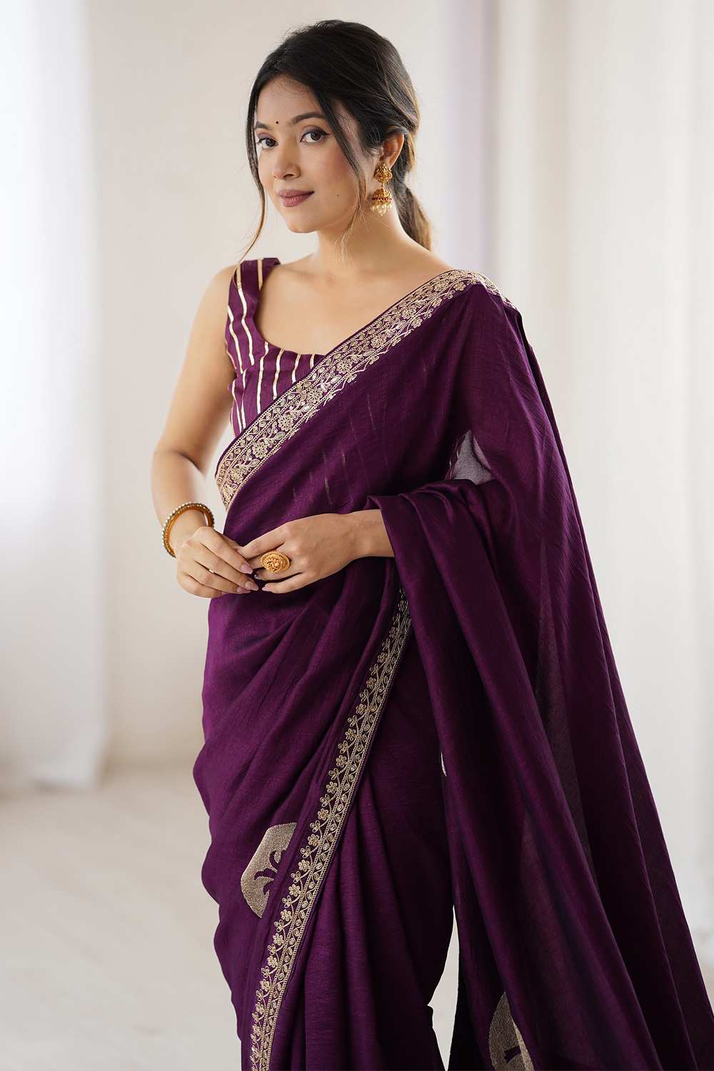 Jaya Purple Vichitra Silk Embroidered Ready To Wear One Minute Saree