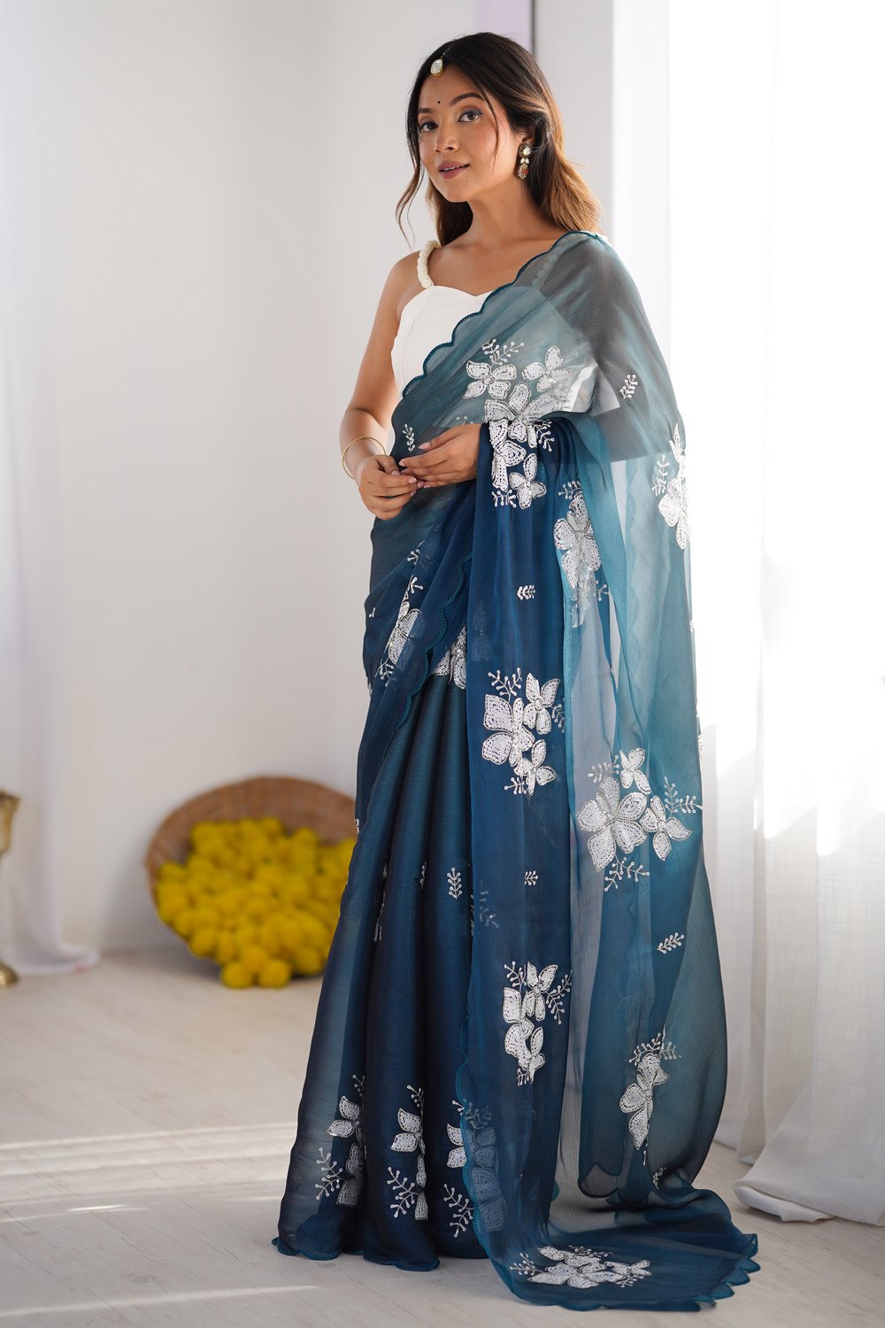 Diana Blue Chiffon saree with Floral Work Ready to Wear One Minute Saree