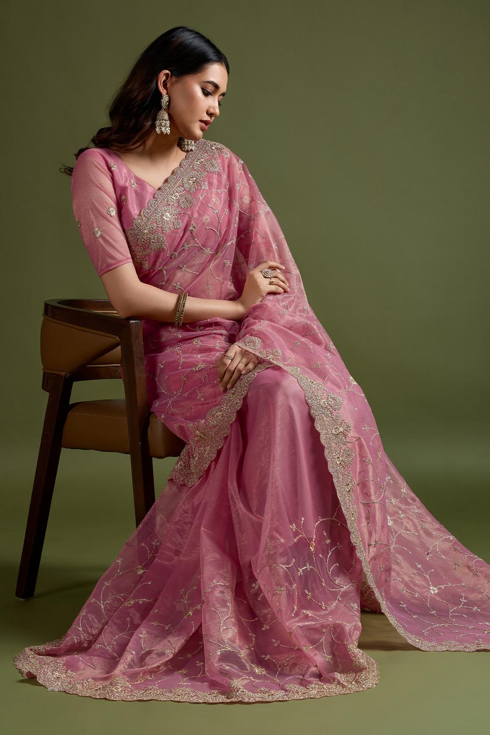 Rani Pink Net Embroidered Ready to Wear Saree