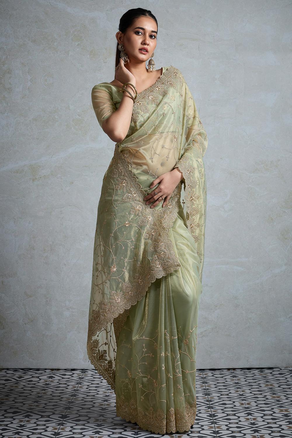Rani Olive Net Embroidered Ready to Wear Saree