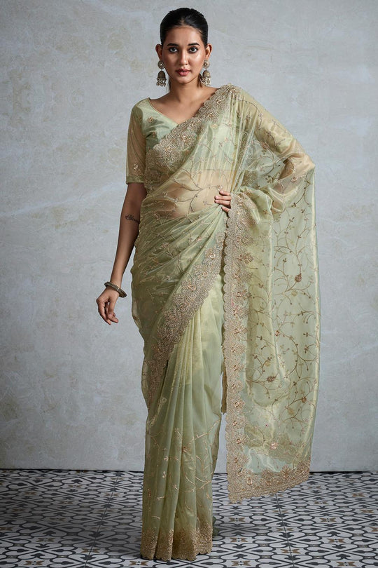 Rani Olive Net Embroidered Ready to Wear Saree