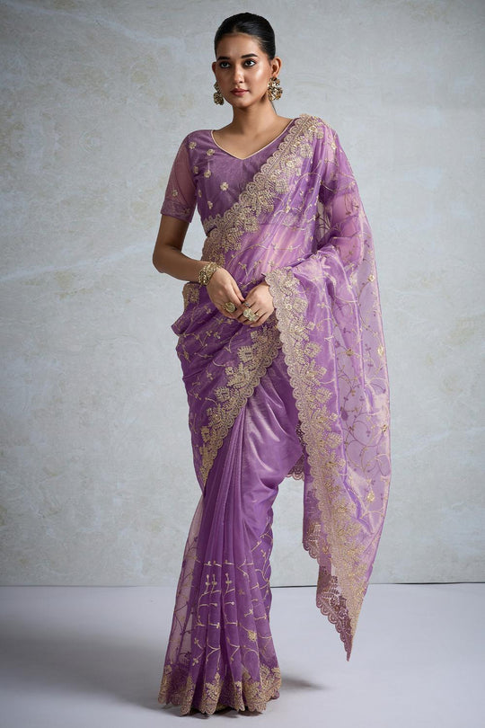Rani Purple Net Embroidered Ready to Wear Saree