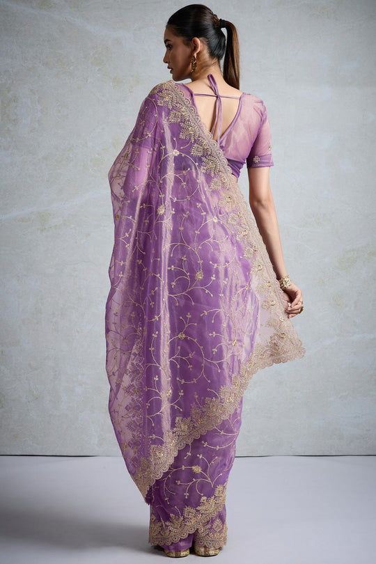 Rani Purple Net Embroidered Ready to Wear Saree
