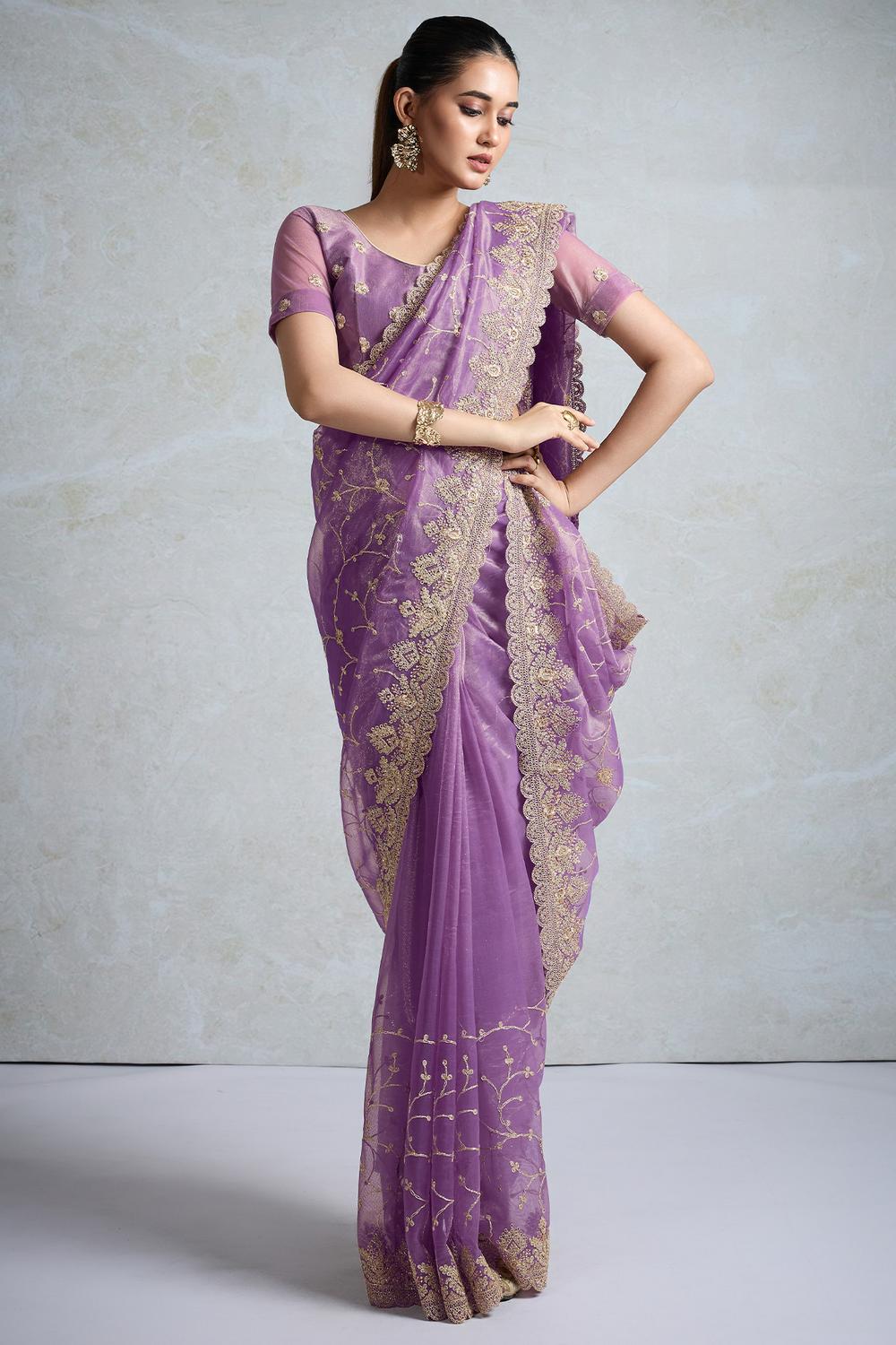 Rani Purple Net Embroidered Ready to Wear Saree