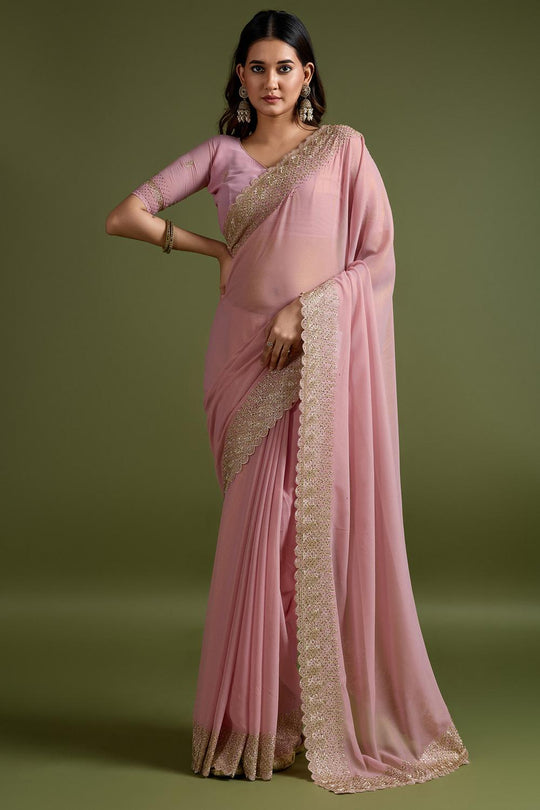 Mala Peach Georgette Embroidered Ready to Wear Saree