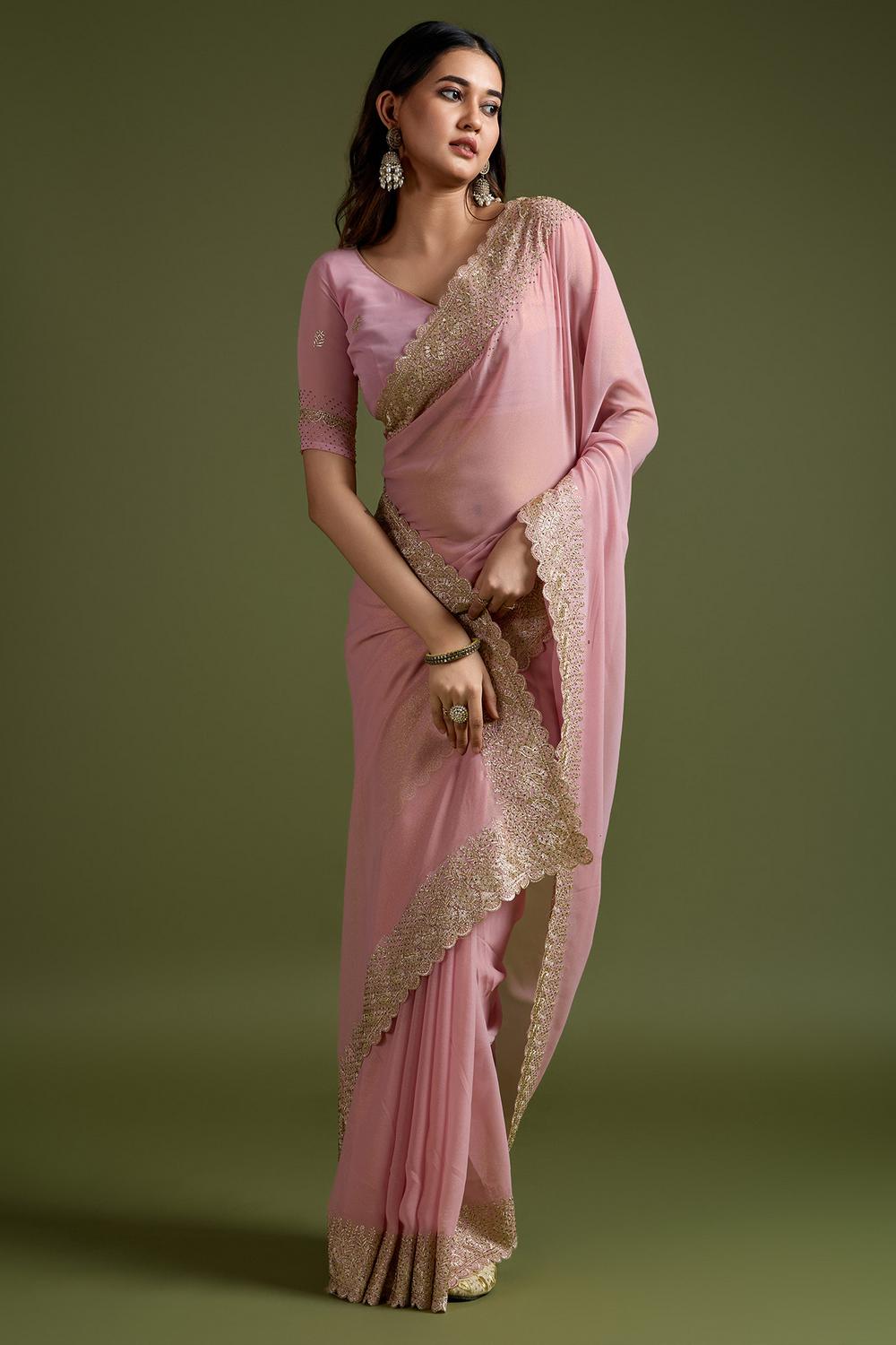 Mala Peach Georgette Embroidered Ready to Wear Saree