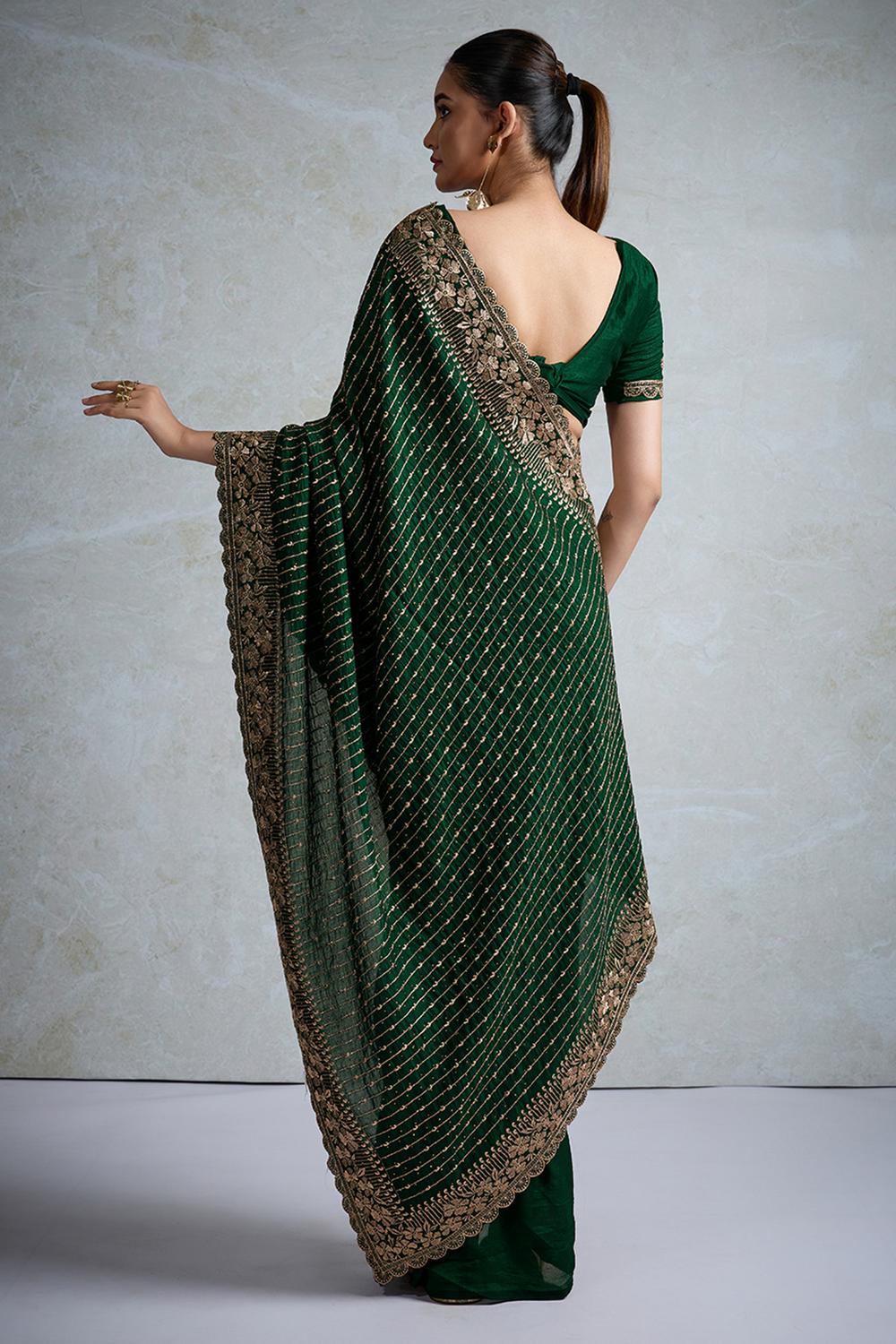 Rory Bottle Green Vichitra Silk Zari Border Ready to Wear Saree