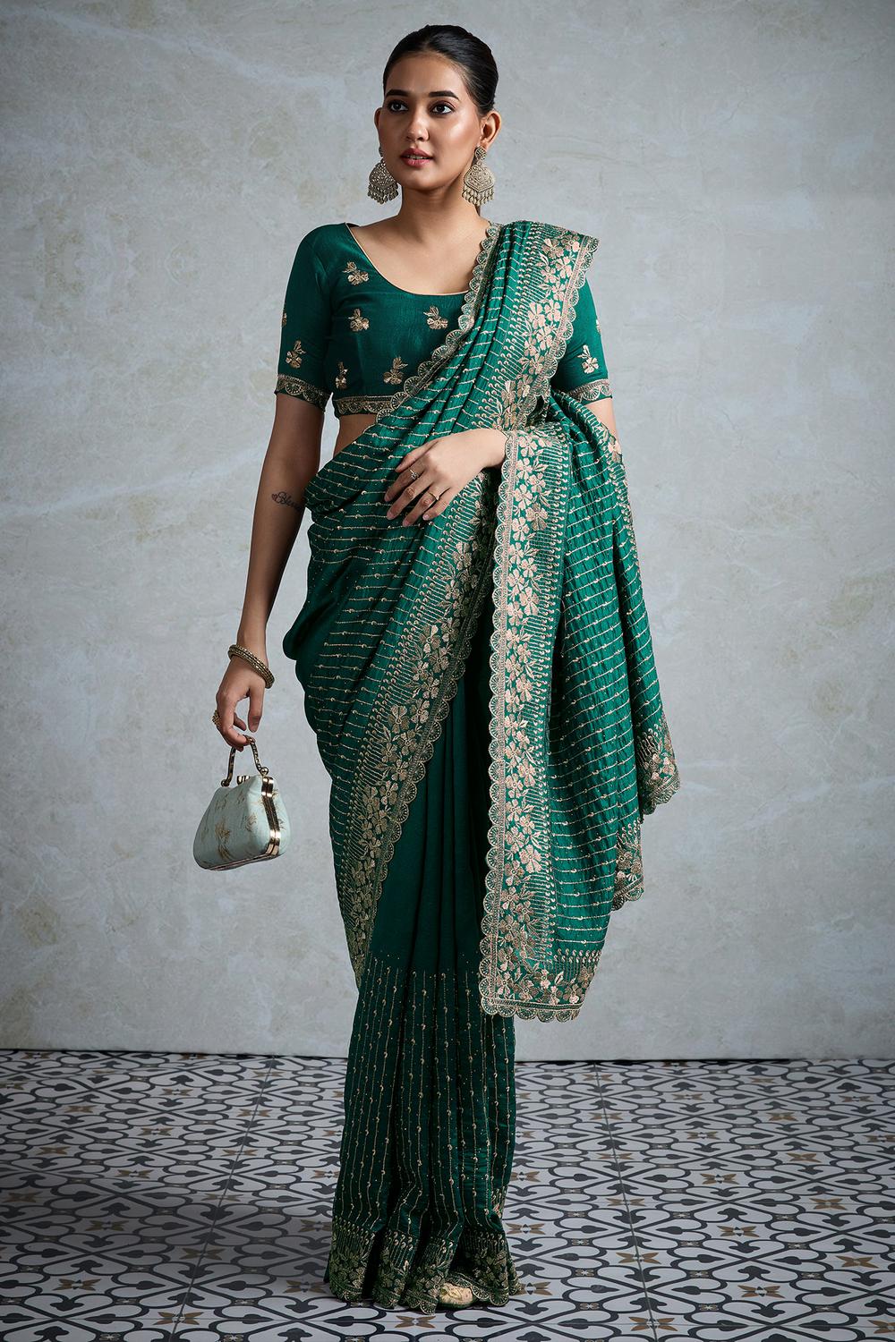 Rory Teal Green Vichitra Silk Zari Border Ready to Wear Saree