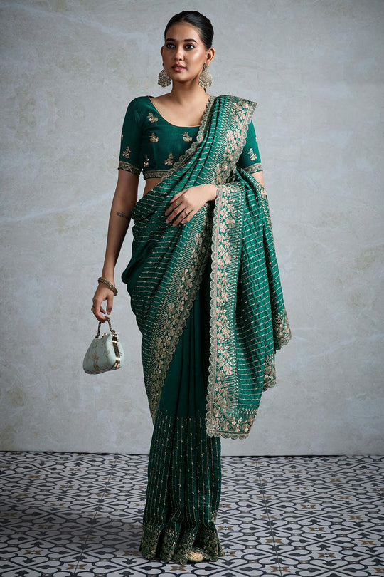 Rory Teal Green Vichitra Silk Zari Border Ready to Wear Saree