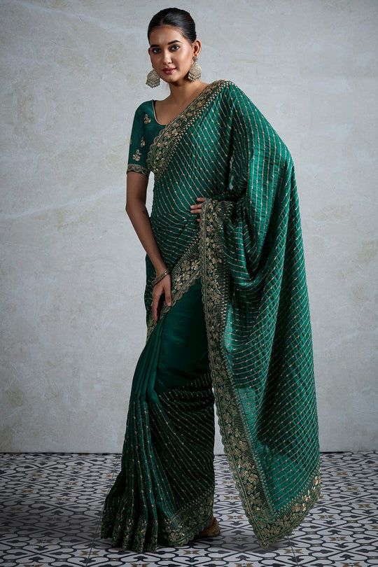 Rory Teal Green Vichitra Silk Zari Border Ready to Wear Saree