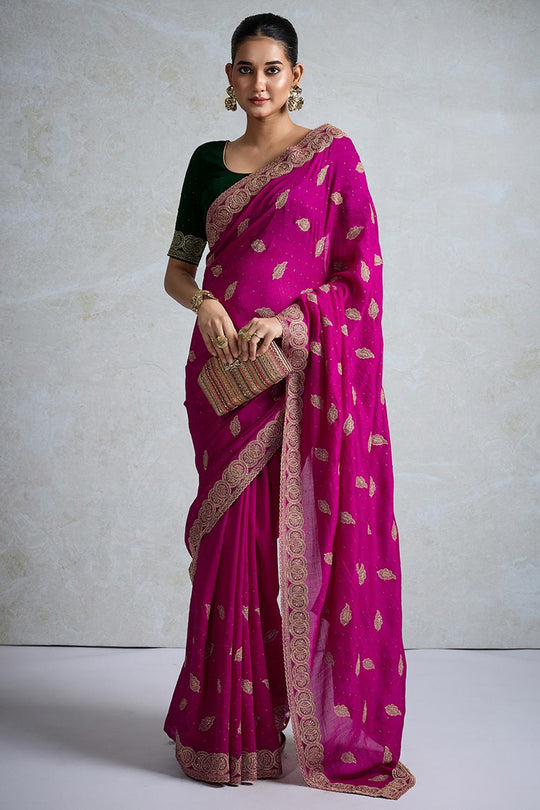 Rory Pink Vichitra Silk Zari Motif Border Ready to Wear Saree