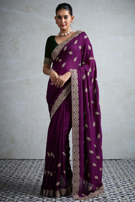 Rory Purple Vichitra Silk Zari Motif Border Ready to Wear Saree
